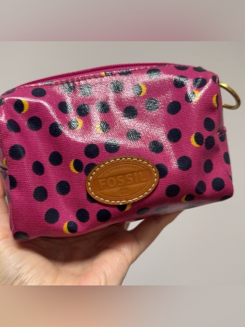 NEW Vintage Fossil Magenta Polka Dot Zip Cosmetic Pouch